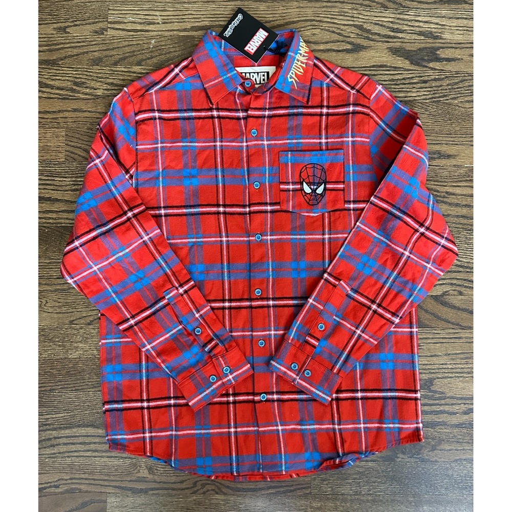 Marvel X Cakeworthy Spider-Man Flannel Shirt Red Blue Plaid Embroidered Mens M